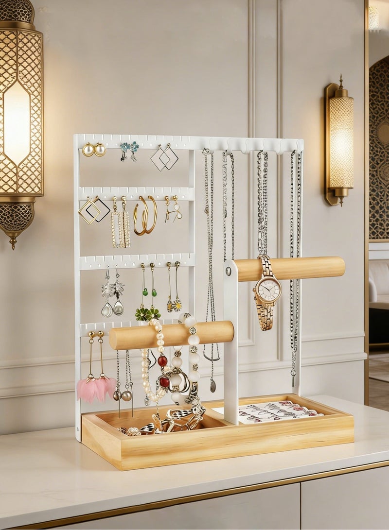 Homestetic Jewelry Organizer Stand Earring Holder Necklace Organizer, 5 Tier Jewellery Stands 48 Holes, Bracelet Stand & Watch Holder with Wooden Tray, Gift for Women Eid Wedding - Image 4